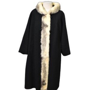 2XL Vintage Lane Bryant 1960's Minims Black Wool Fur Trim Swing / Cape Coat
